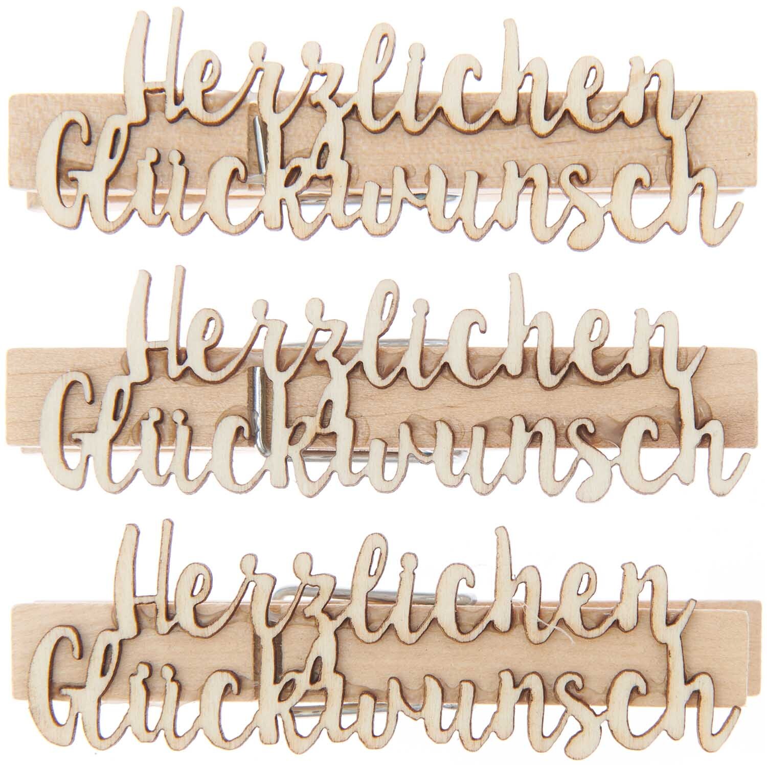 Holzklammern "Herzlichen Glückwunsch" 10x70mm 3 Stück