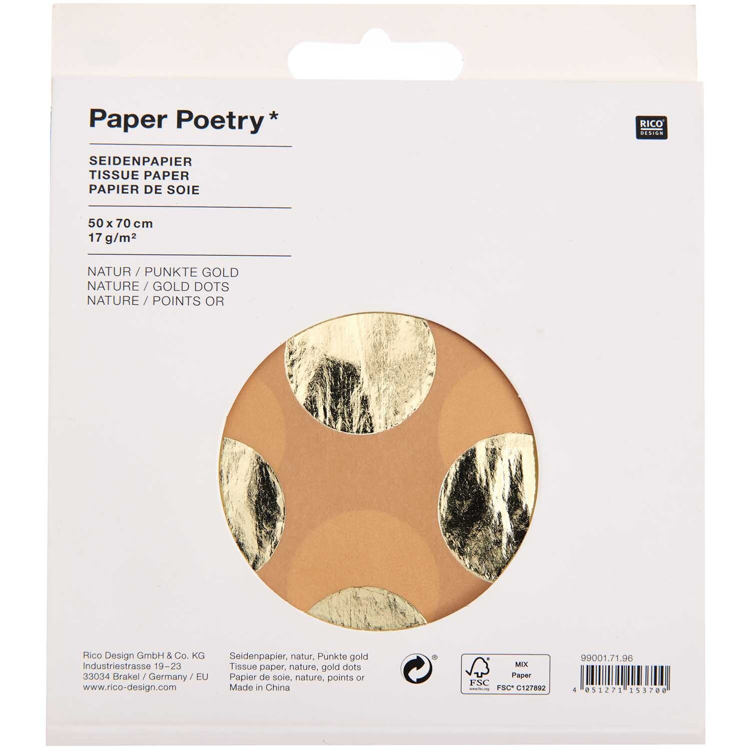 Paper Poetry Seidenpapier natur Punkte gold 70x50cm 4 Bogen Hot Foil