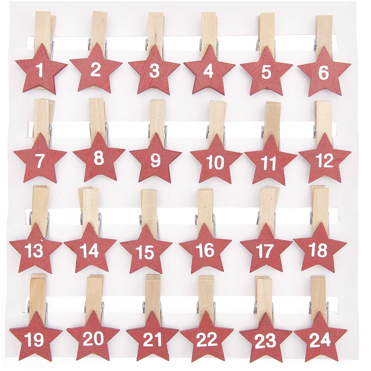 Holzclips Adventskalender Sterne 1-24 3,5cm