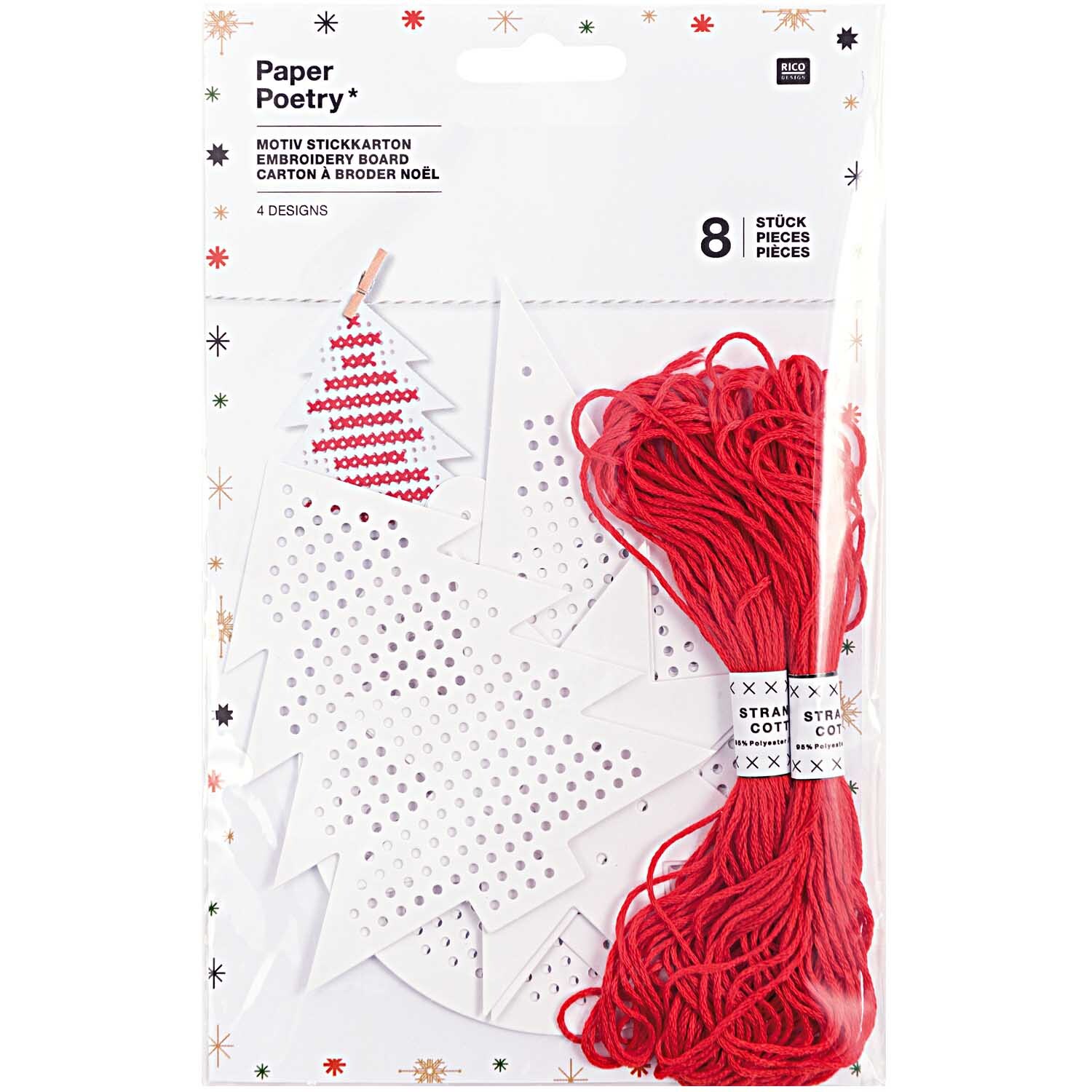 Paper Poetry Motivstickkarton X-MAS weiß-rot 8 Stück mit Garn